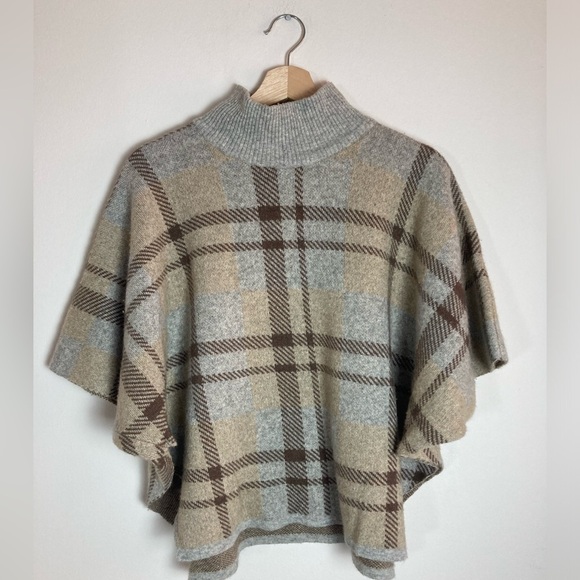 Note di Anita Plaid Poncho Sweater OS Merino Wool Cashmere Blend Mock Neck Gray - Picture 1 of 8